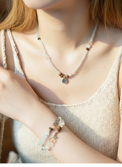 Ocean Whisper Aquamarine & Wood Crystal Wrap – Bracelet & Necklace 2-in-1