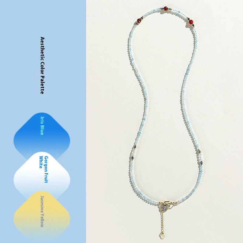 Iris Blue Crystal Beaded Bracelet & Choker Set – Red Agate & Gold Accent, Dual-Wear Design