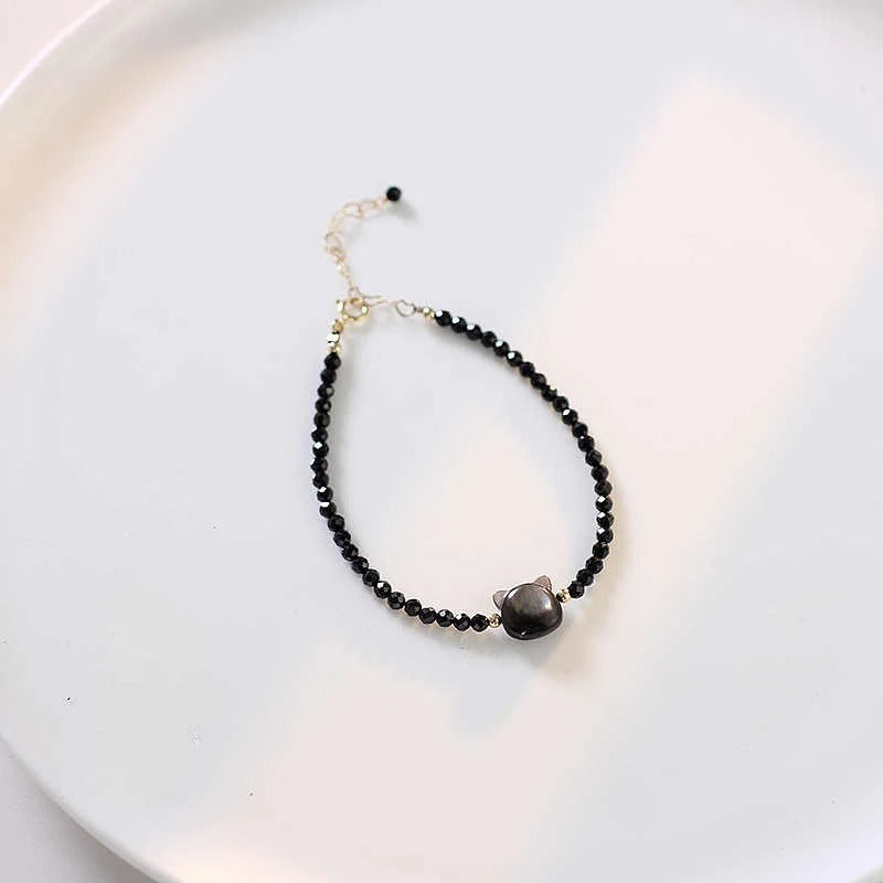 Black Crystal Cat Head Bracelet – Adjustable Protective Charm