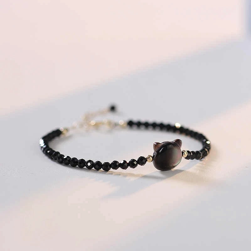 Black Crystal Cat Head Bracelet – Adjustable Protective Charm
