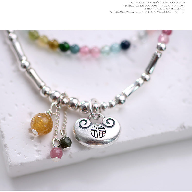Harmony Loop Necklace Bracelet 2-Way Wear – Rainbow Tourmaline & Sterling Silver Charm for Peace, Luck & Vibrant Energy