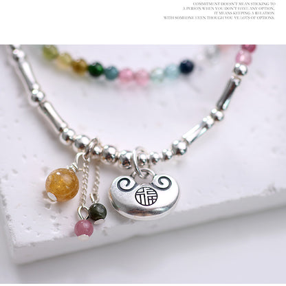 Harmony Loop Necklace Bracelet 2-Way Wear – Rainbow Tourmaline & Sterling Silver Charm for Peace, Luck & Vibrant Energy