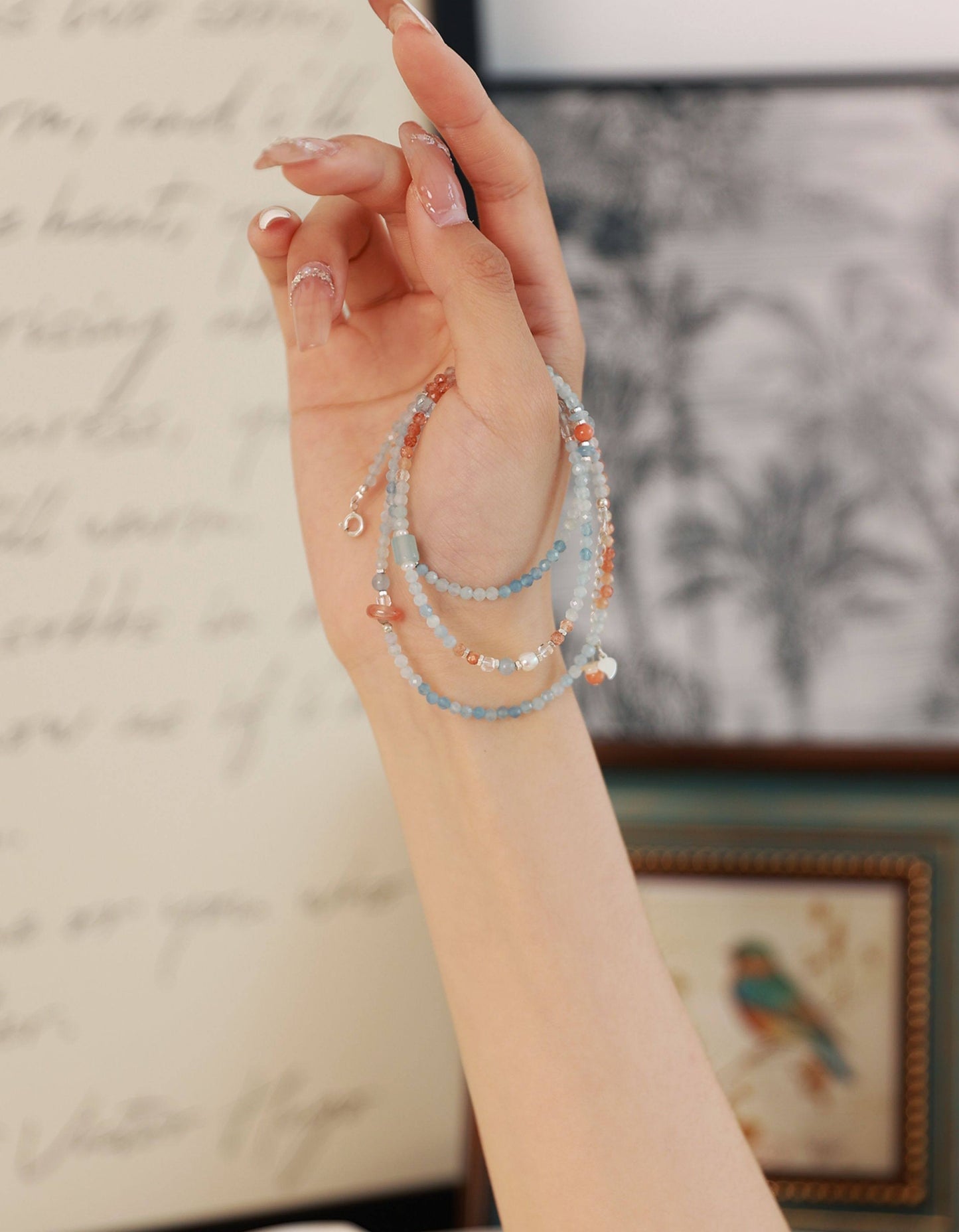Sunset Horizon Beaded Necklace & Wrap Bracelet – Aquamarine, Moonstone & Sunstone Dual Wear Jewelry