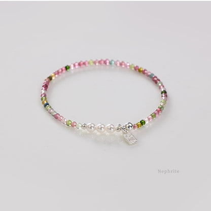 Rainbow Tourmaline & Freshwater Pearl Bracelet with 925 Silver Char