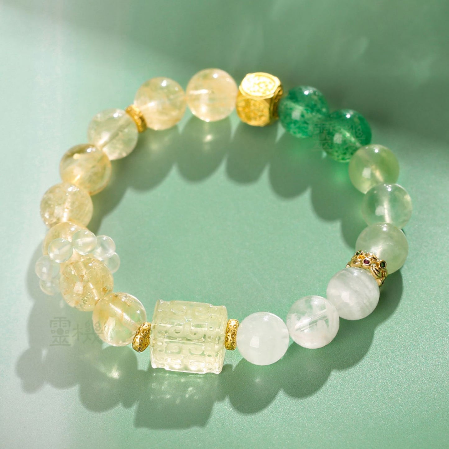 Five Elements Harmony Fortune Bracelet – Citrine, White Phantom Quartz, Grape Agate, Green Rutilated Quartz