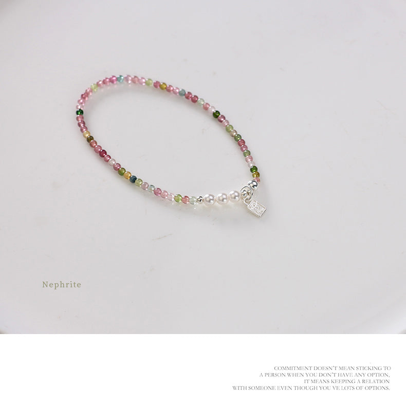 Rainbow Tourmaline & Freshwater Pearl Bracelet with 925 Silver Char