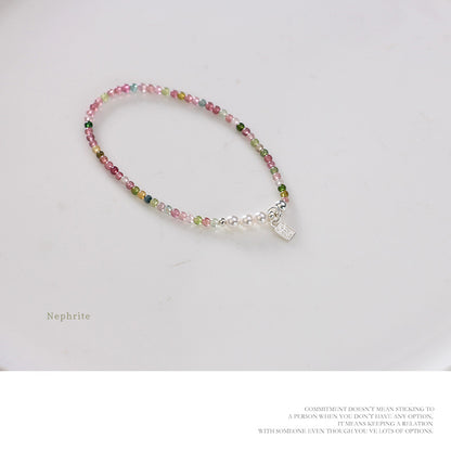 Rainbow Tourmaline & Freshwater Pearl Bracelet with 925 Silver Char