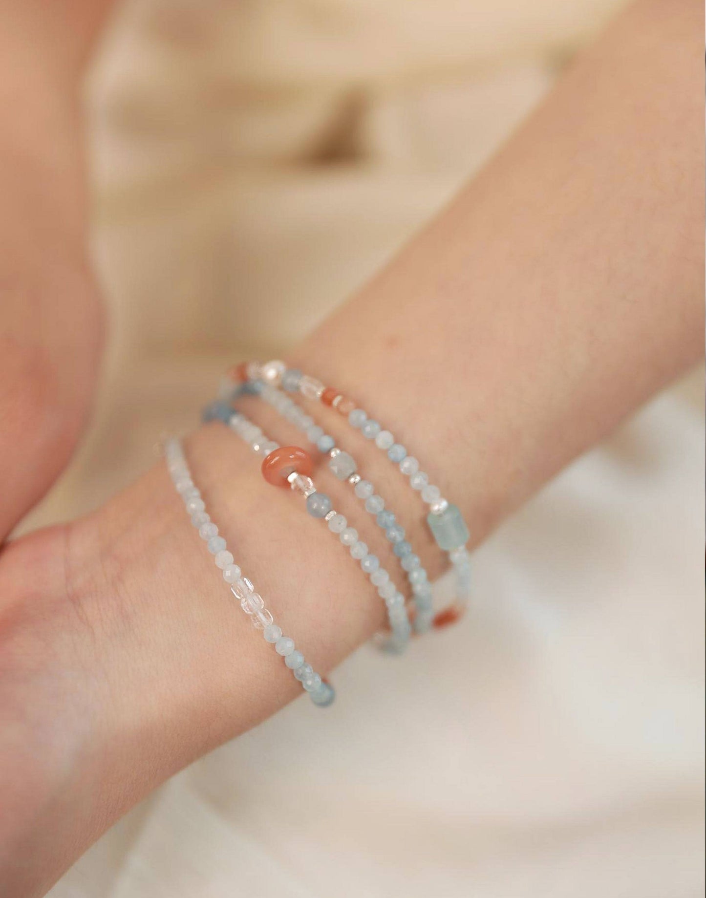 Sunset Horizon Beaded Necklace & Wrap Bracelet – Aquamarine, Moonstone & Sunstone Dual Wear Jewelry