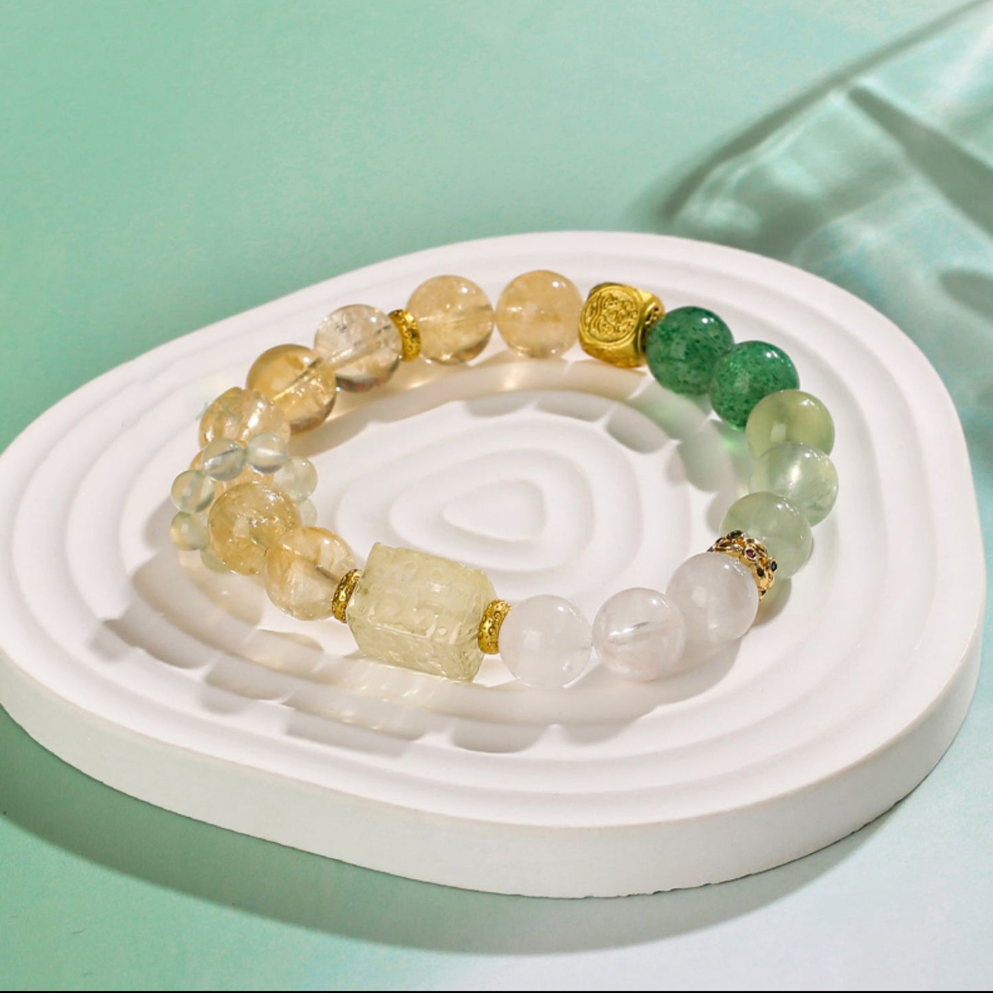 Five Elements Harmony Fortune Bracelet – Citrine, White Phantom Quartz, Grape Agate, Green Rutilated Quartz