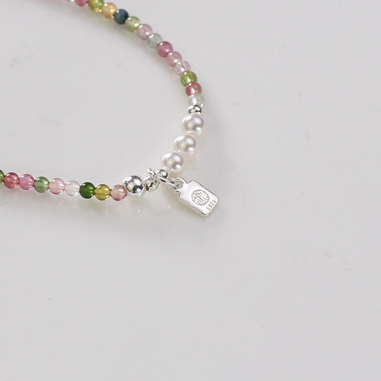 Rainbow Tourmaline & Freshwater Pearl Bracelet with 925 Silver Char