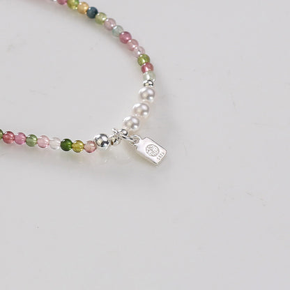 Rainbow Tourmaline & Freshwater Pearl Bracelet with 925 Silver Char