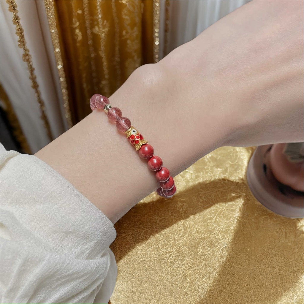 Fortune Fish Red Strawberry Quartz and Agate Bracelet with Gold Koi Charm