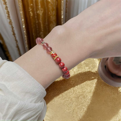 Fortune Fish Red Strawberry Quartz and Agate Bracelet with Gold Koi Charm
