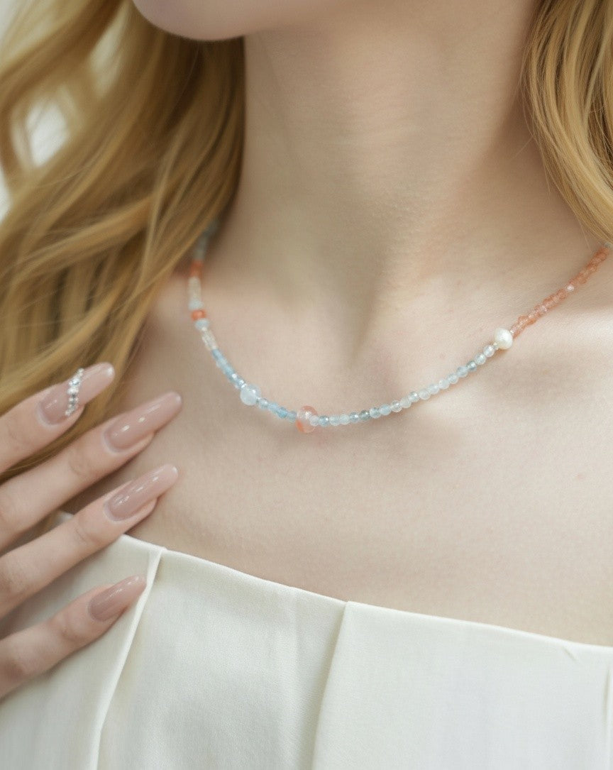 Sunset Horizon Beaded Necklace & Wrap Bracelet – Aquamarine, Moonstone & Sunstone Dual Wear Jewelry