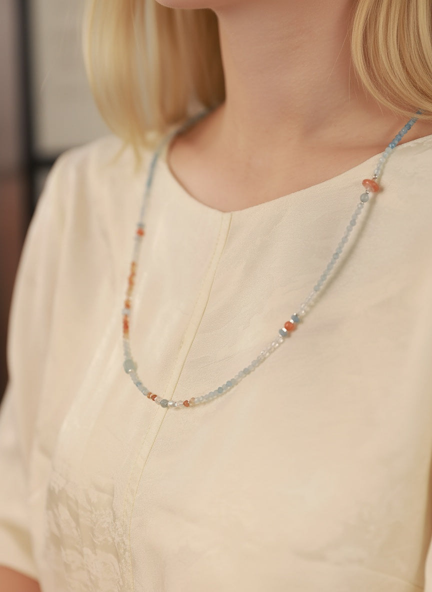 Sunset Horizon Beaded Necklace & Wrap Bracelet – Aquamarine, Moonstone & Sunstone Dual Wear Jewelry