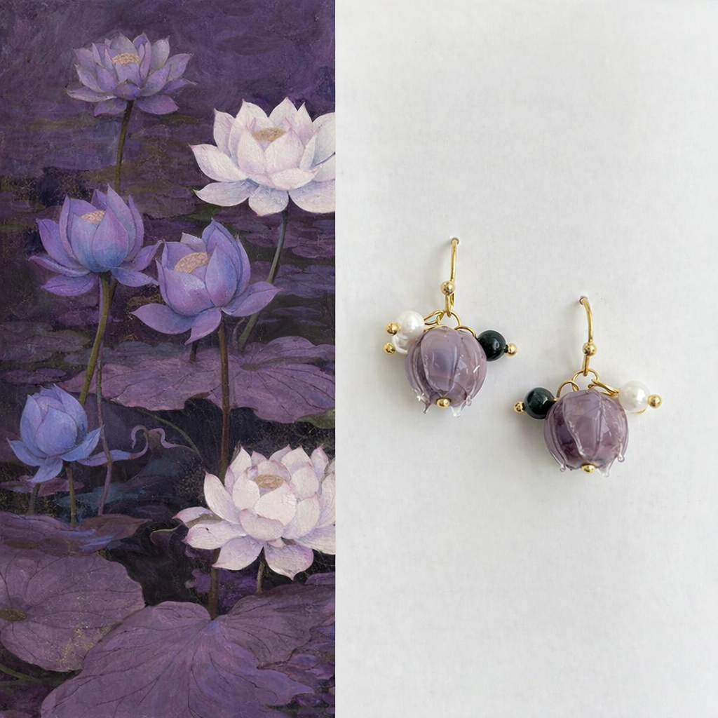 Pair of purple earrings with gold accents on a white background, next to an illustration of purple and white lotus flowers.