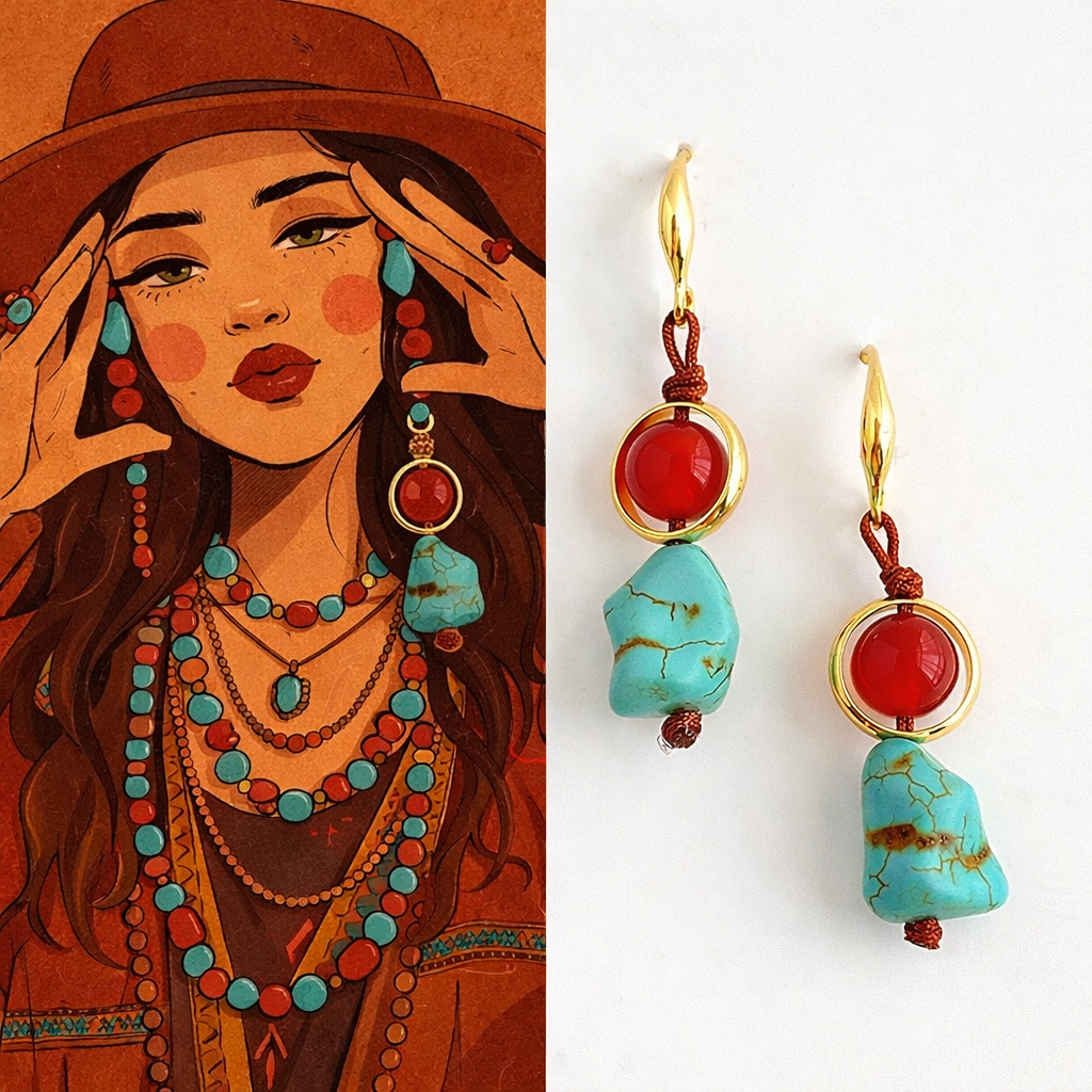 Colorful earrings with turquoise and red stones next to an illustration of a woman wearing similar jewelry.