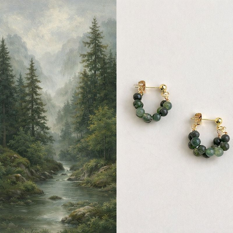 Natural Indian Agate Hoop Earrings | S925 Silver Needle Green Gemstone Earrings