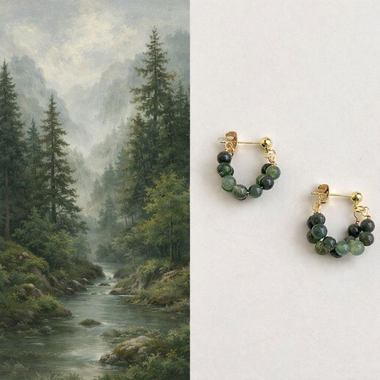 Natural Indian Agate Hoop Earrings | S925 Silver Needle Green Gemstone Earrings