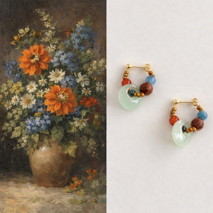 Jade Donut Hoop Earrings with Aquamarine & Red Agate | Handmade S925 Silver Stud Earrings