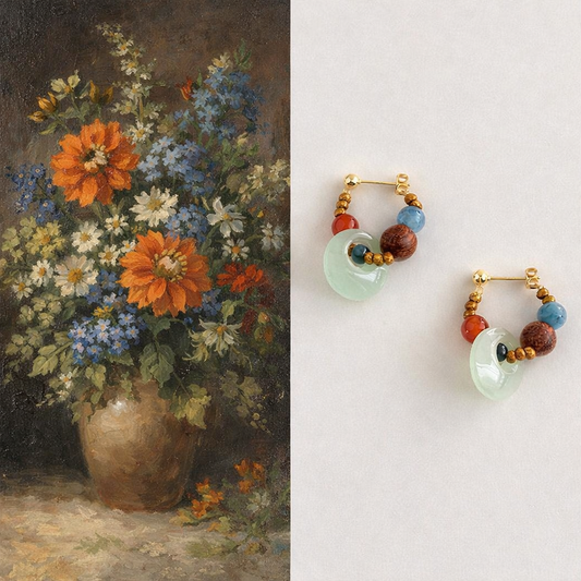 Jade Donut Hoop Earrings with Aquamarine & Red Agate | Handmade S925 Silver Stud Earrings