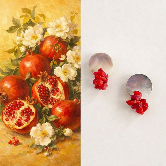 Handmade Shell Nacre and Red Bamboo Stud Earrings