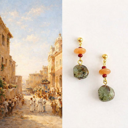 Jade & Flower Stone Drop Earrings – Red Agate Accents, 925 Silver Needle, Natural Protection