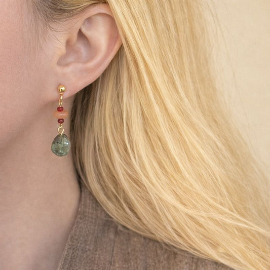 Jade & Flower Stone Drop Earrings – Red Agate Accents, 925 Silver Needle, Natural Protection