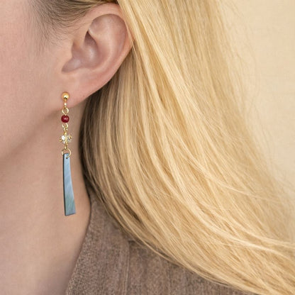 Mother of Pearl Long Bar Drop Earrings with Red Agate & Gold Accents