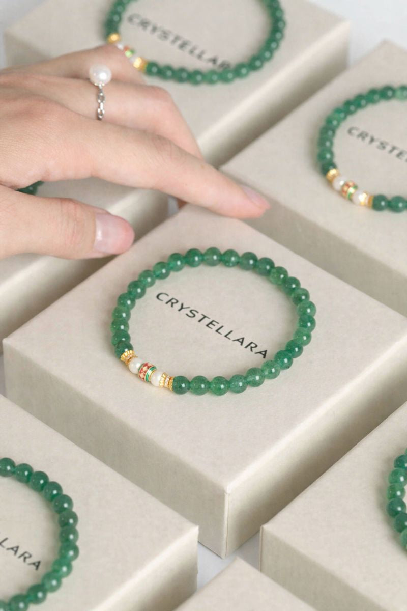 Green Aventurine Harmony Necklace Bracelet with Pearl & Enamel Gold Accent – Luck, Growth & Emotional Balance