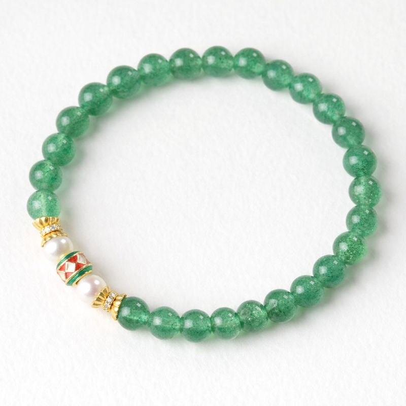 Green Aventurine Harmony Necklace Bracelet with Pearl & Enamel Gold Accent – Luck, Growth & Emotional Balance