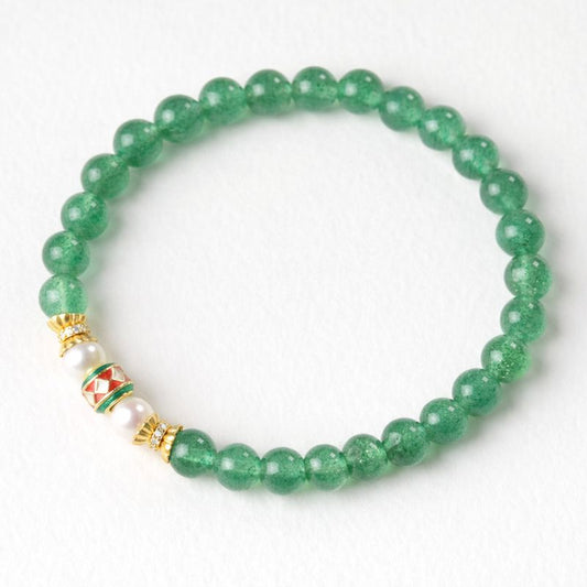 Green Aventurine Harmony Necklace Bracelet with Pearl & Enamel Gold Accent – Luck, Growth & Emotional Balance