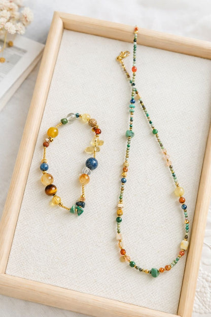 Artisan Nature Harmony Gemstone Necklace & Bracelet Set – Multicolor Healing Crystals with Gold Accents