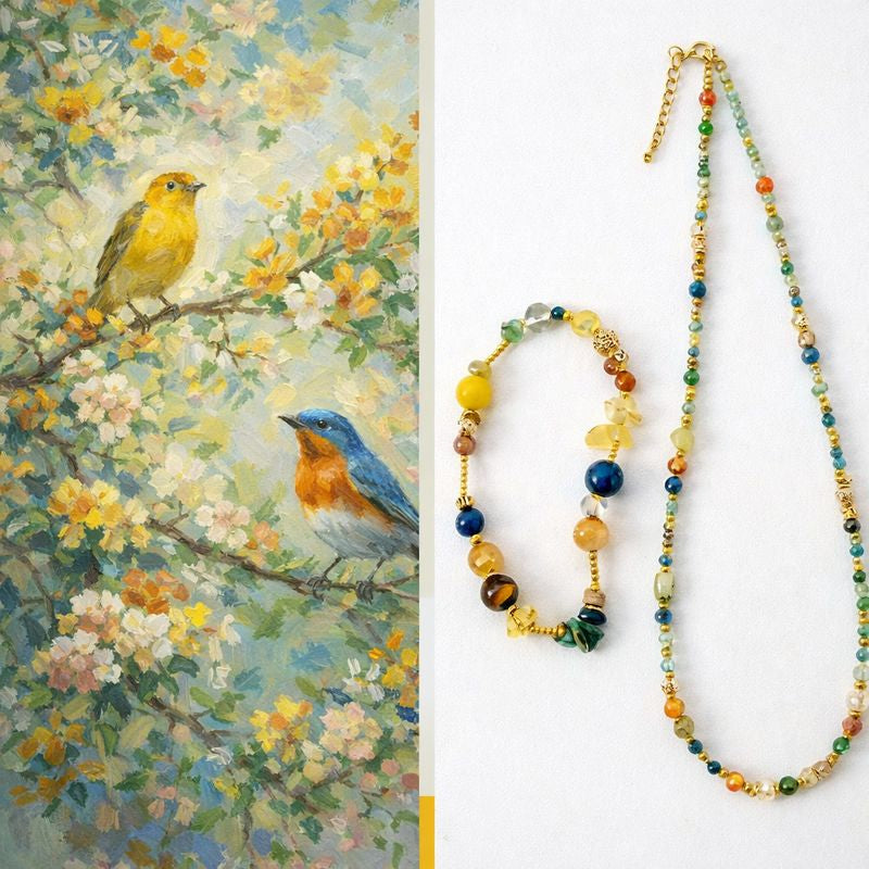 Artisan Nature Harmony Gemstone Necklace & Bracelet Set – Multicolor Healing Crystals with Gold Accents