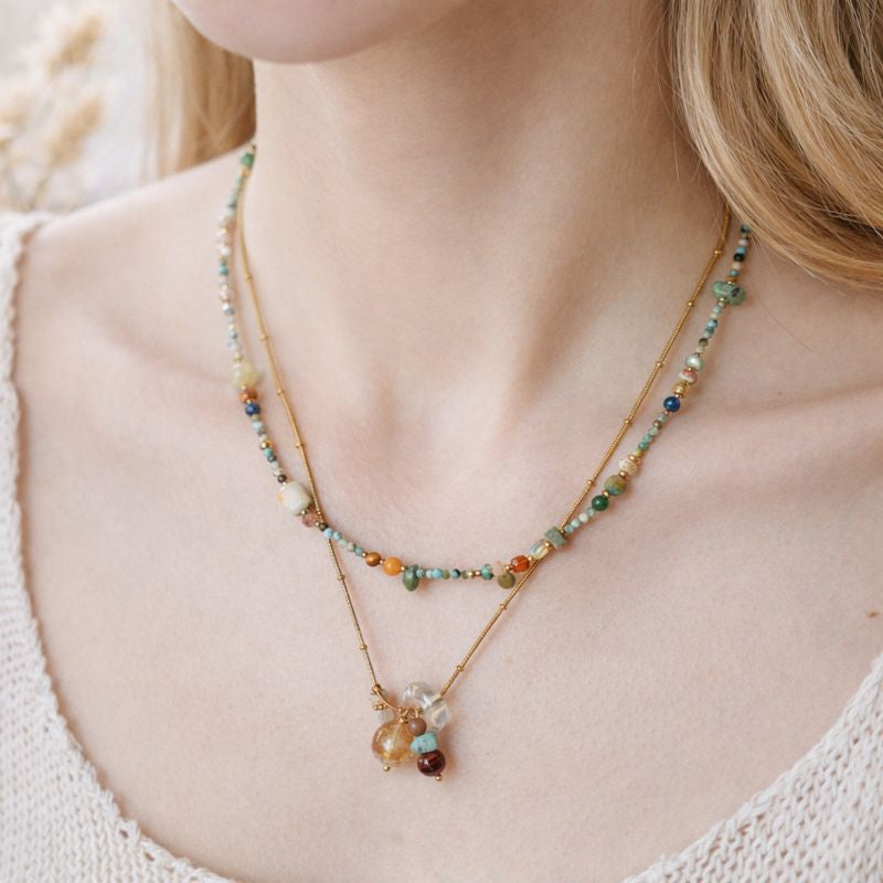 Artisan Nature Harmony Gemstone Necklace & Bracelet Set – Multicolor Healing Crystals with Gold Accents