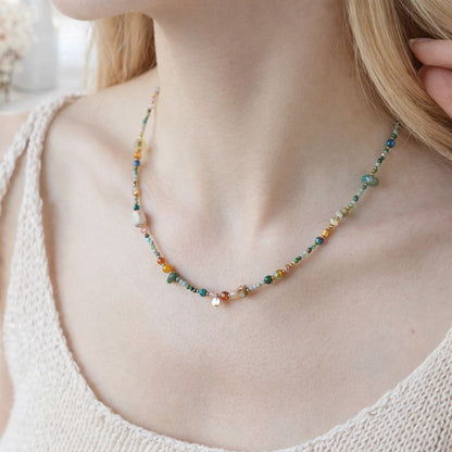 Artisan Nature Harmony Gemstone Necklace & Bracelet Set – Multicolor Healing Crystals with Gold Accents