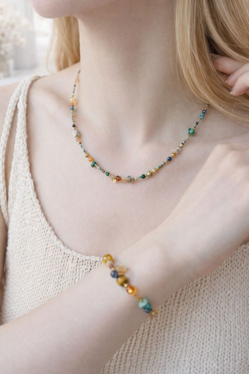 Artisan Nature Harmony Gemstone Necklace & Bracelet Set – Multicolor Healing Crystals with Gold Accents