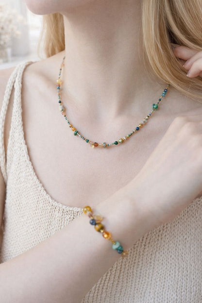 Artisan Nature Harmony Gemstone Necklace & Bracelet Set – Multicolor Healing Crystals with Gold Accents