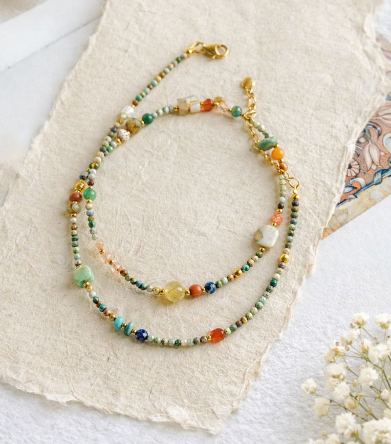 Artisan Nature Harmony Gemstone Necklace & Bracelet Set – Multicolor Healing Crystals with Gold Accents