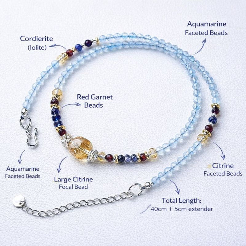 Golden Glow Aquamarine & Citrine Gemstone 2-Way Necklace Bracelet – Handcrafted Beaded Jewelry for Luck, Clarity & Abundance