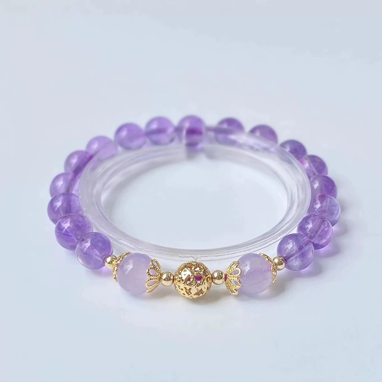 Lavender Amethyst Harmony Bracelet with Golden Lotus Beads