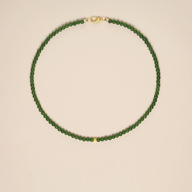 Green Jade Beaded Necklace with Plated Gold Bead – Prosperity & Harmony