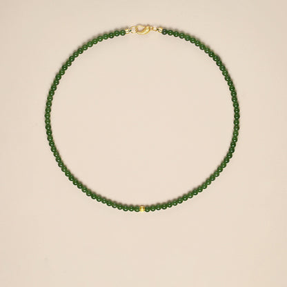 Green Jade Beaded Necklace with Plated Gold Bead – Prosperity & Harmony