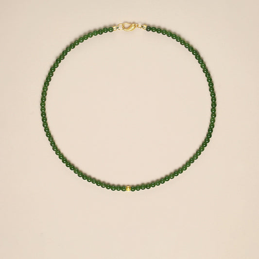 Green Jade Beaded Necklace with Plated Gold Bead – Prosperity & Harmony