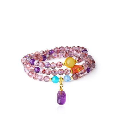 Multicolor Super Seven Crystal Amulet Bracelet with Carved Amethyst Charm