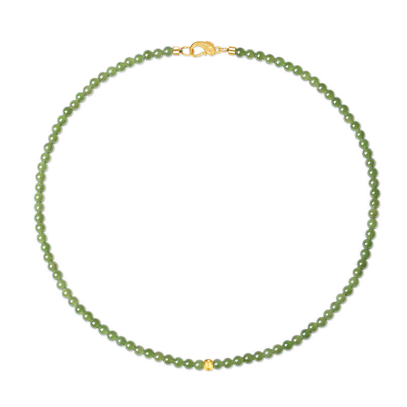 Green Jade Beaded Necklace with Plated Gold Bead – Prosperity & Harmony