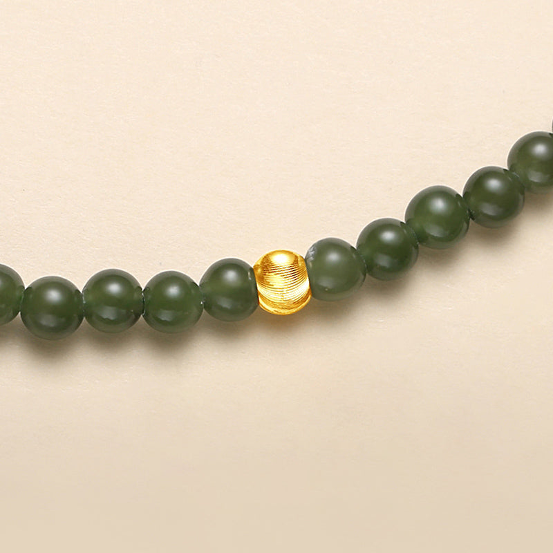 Green Jade Beaded Necklace with Plated Gold Bead – Prosperity & Harmony