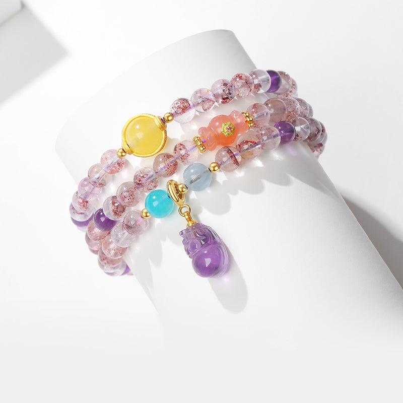 Multicolor Super Seven Crystal Amulet Bracelet with Carved Amethyst Charm
