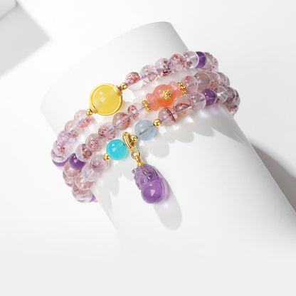Multicolor Super Seven Crystal Amulet Bracelet with Carved Amethyst Charm