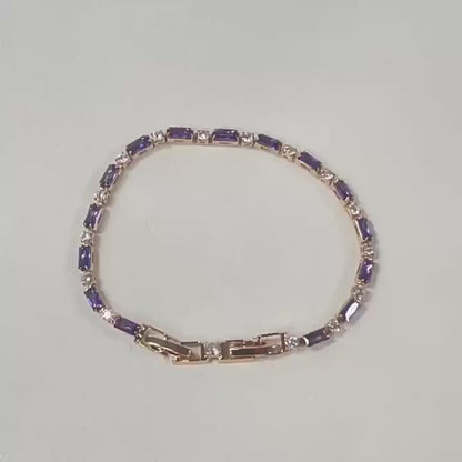 Elegant Purple Crystal Rose Gold Tennis Bracelet – Dainty Baguette Cut Zirconia Chain